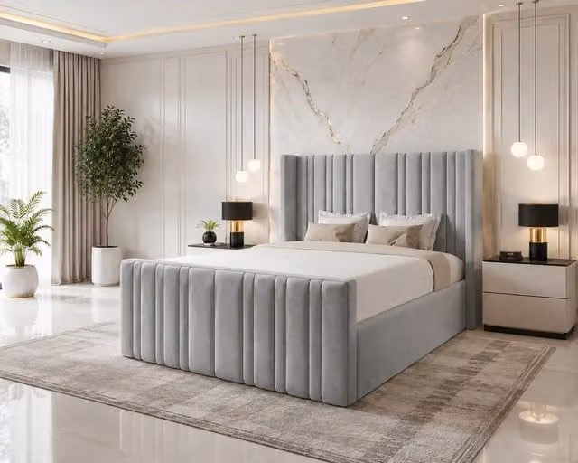 K Mehmood Enterprise Ltd Luxe Line Whisper Wing Divan Ottoman Storage Bed in Silver Plush Velvet