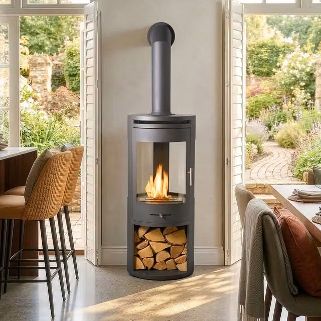 OKO S7 Bio Ethanol Panoramic Stove with Extra Tall Angled Metal Stove Pipe in Charcoal Grey