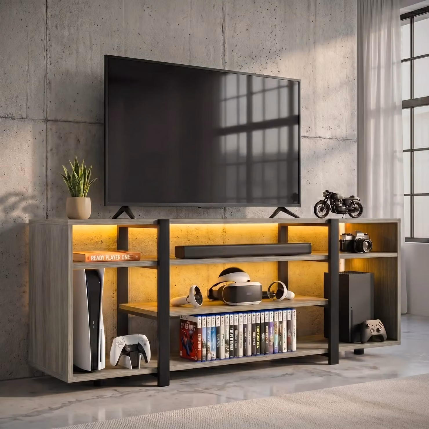 Zelumi Industrial LED TV Stand with Storage in Grey, W: 140 cm, D: 31 cm, H: 62 cm