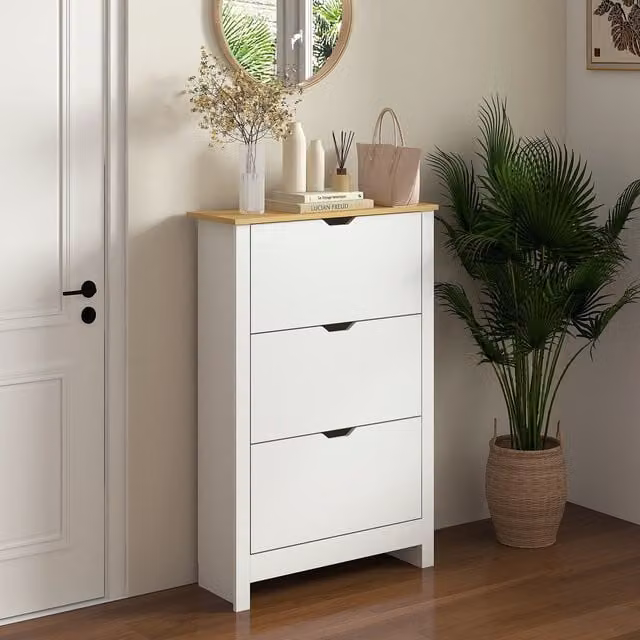 HOMCOM Modern White Shoe Storage Cabinet with 6 Shelves and 3 Drawers – 1