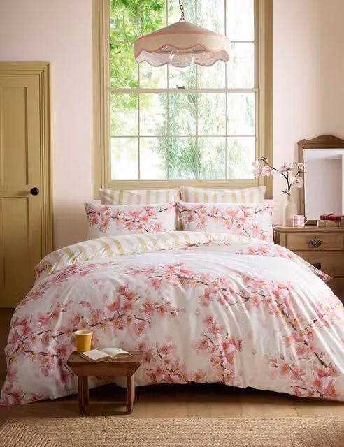 Bluebellgray Pink Cherry Blossom Reversible Cotton Percale Bedding Set, Single (3 ft)