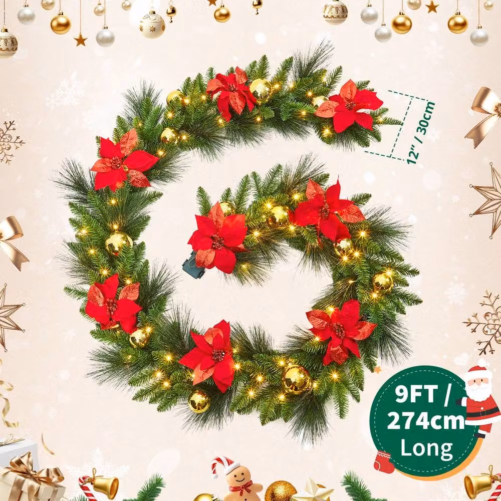 London Boutique 9ft Pre-Lit Christmas Wreath with LED Lights in Green – 4