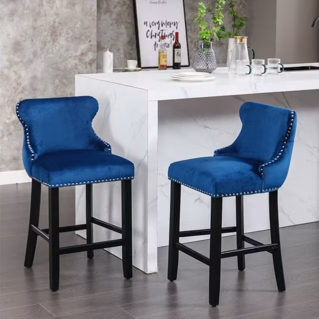 Home Touch Interior Set of 2 Modern Royal Blue Velvet Tufted Wing Back Bar Stools with Wooden Legs