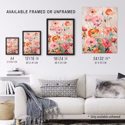 Artery8 Poppy Flowers Floral Oil Painting Framed Wall Art Print in Orange, Pink and Red, A4 – 3