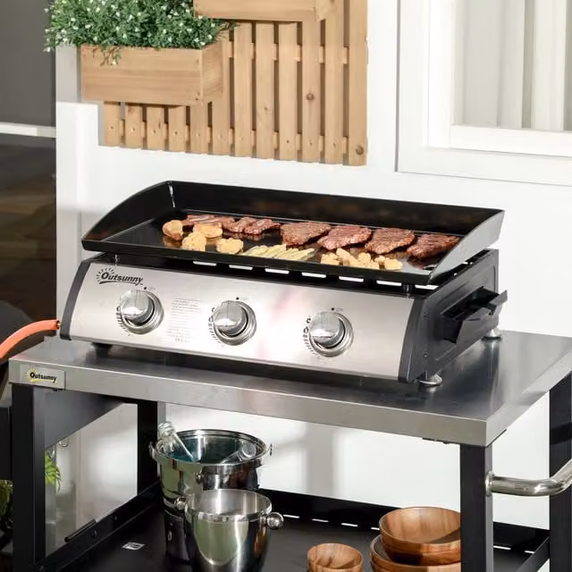 Outsunny Portable Gas BBQ Plancha Tabletop Grill with 3 Burners and Lid, Black