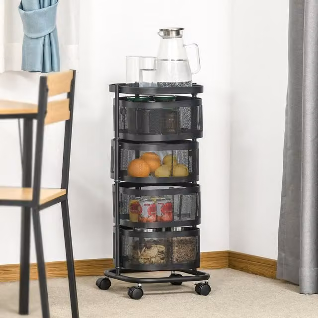 HOMCOM Black Metal Freestanding Kitchen Storage Cart with 4 Mesh Baskets and Castors