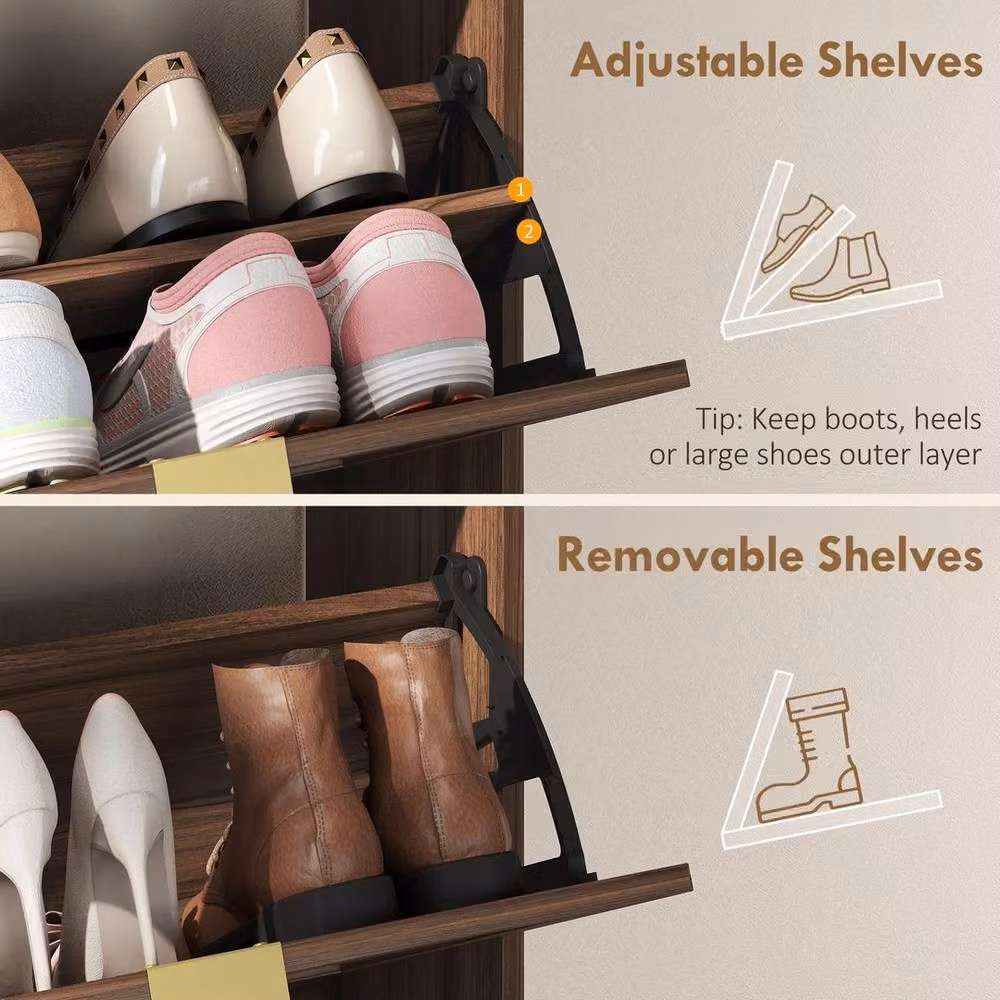 Havendro Modern Brown Narrow Shoe Cabinet with 2 Tilting Compartments and Open Shelf – 4