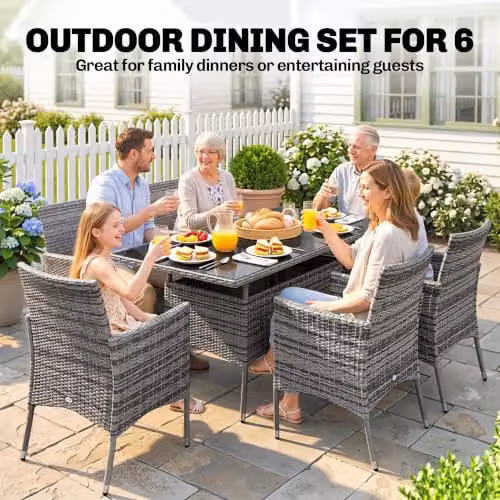 Outsunny 7-Piece Grey Rattan Garden Furniture Dining Set for 6 Adults – 3