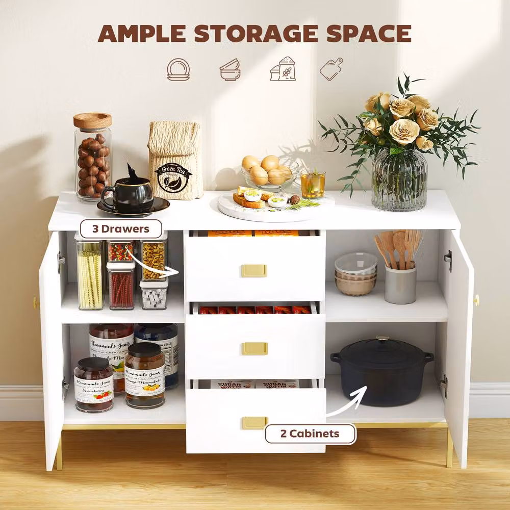 STILVORA Modern White and Gold Sideboard with 2 Cupboards and 3 Drawers, W: 120 cm, H: 77 cm, D: 39.5 cm – 3