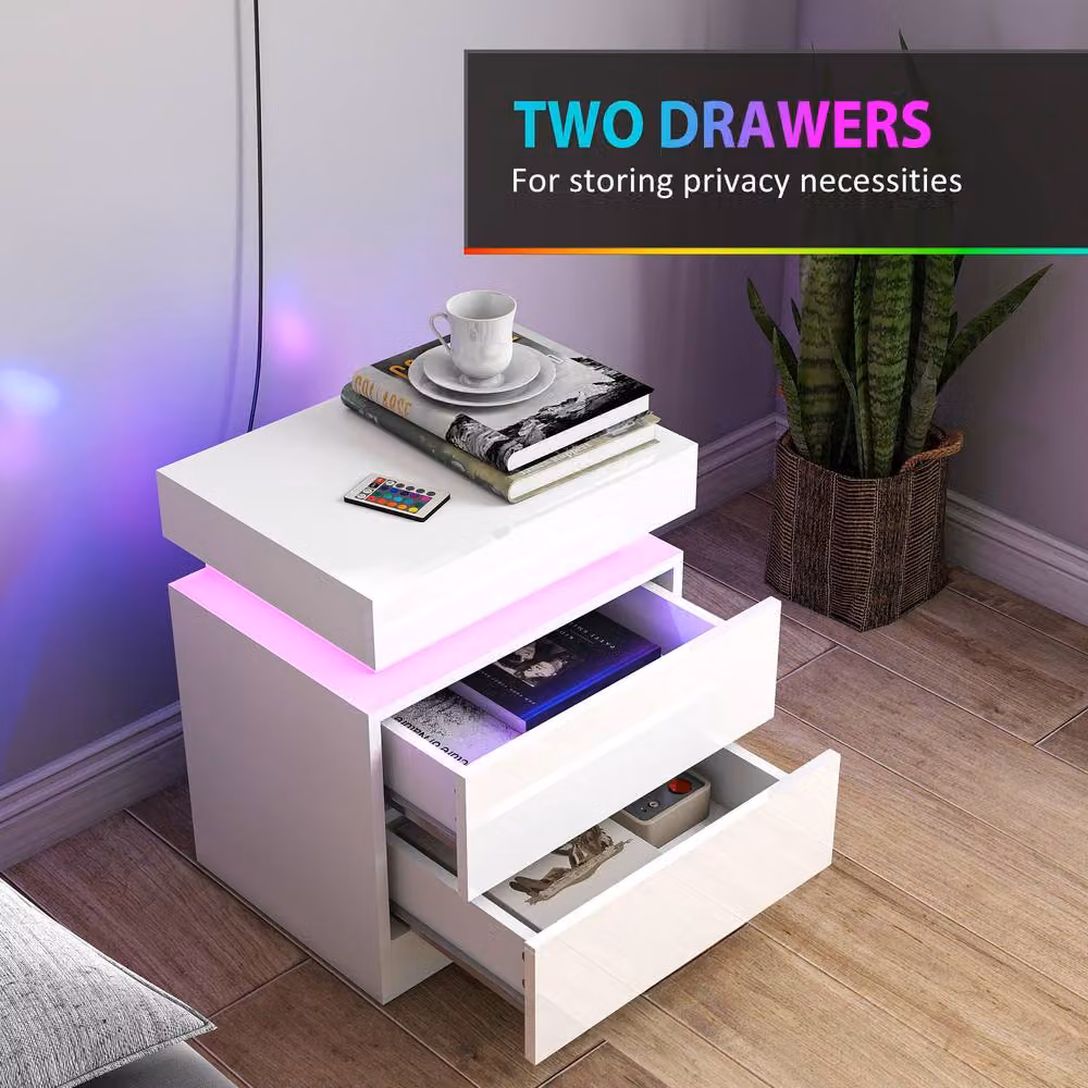 STILVORA Modern White Glossy Bedside Table Set with Integrated LED Lighting and 2 Drawers – 6
