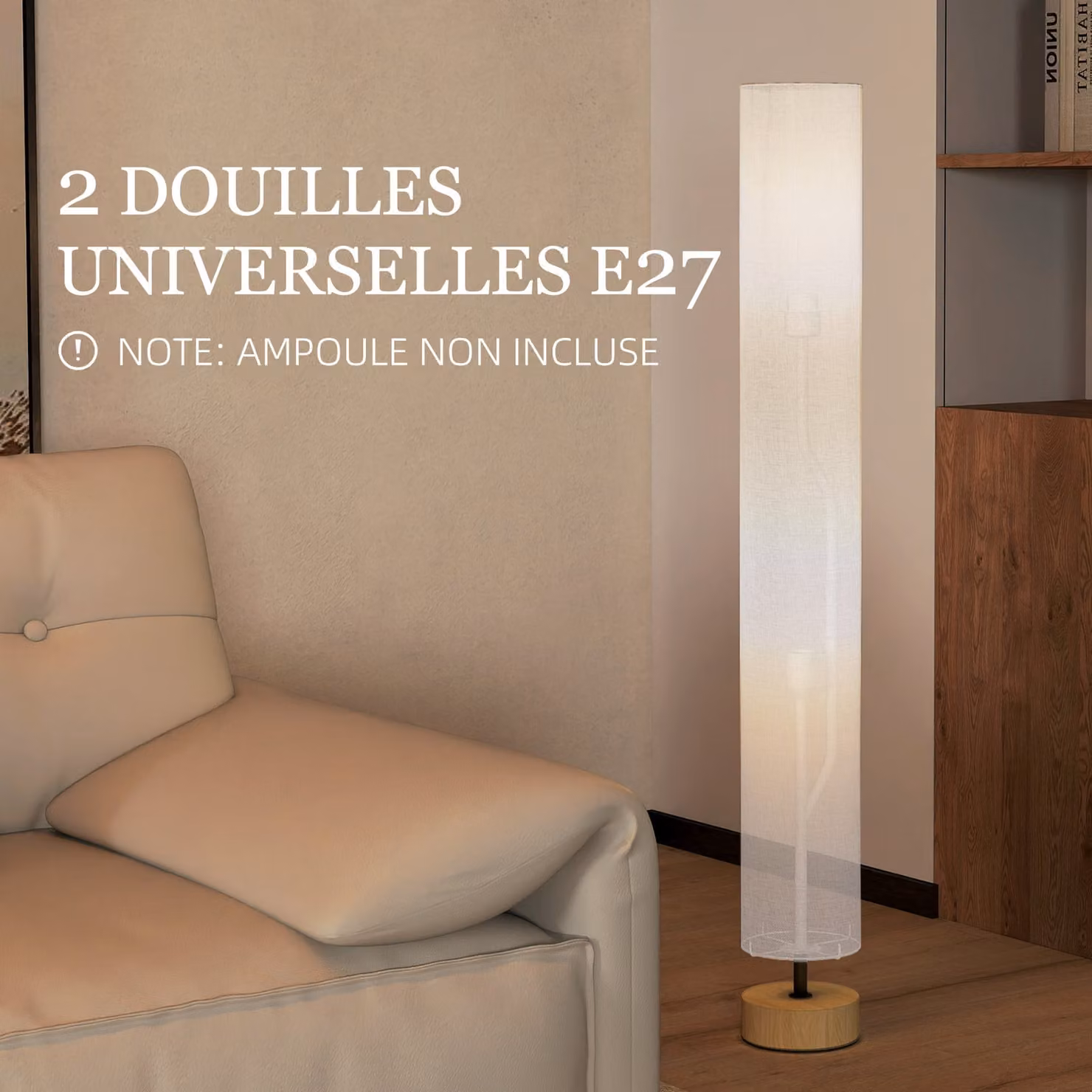 HOMCOM Grey Fabric Floor Lamp with Wooden Base and Linen Shade, Height: 120 cm – 3