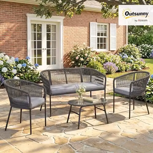 Outsunny 4 Piece Grey Rope Woven Garden Furniture Set with Upholstered Cushions – 2