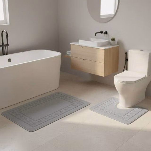 Snug City 2 Piece Box Design Bath Mat Set in Silver and Grey, W: 80 cm, D: 50 cm