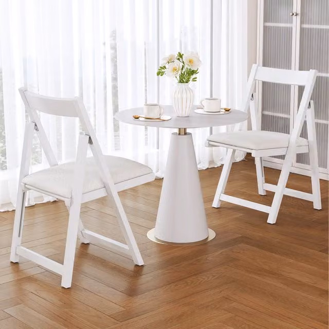 COSTWAY Set of 2 White Modern Foldable Dining Chairs with Rubberwood Frame and Fabric Upholstery