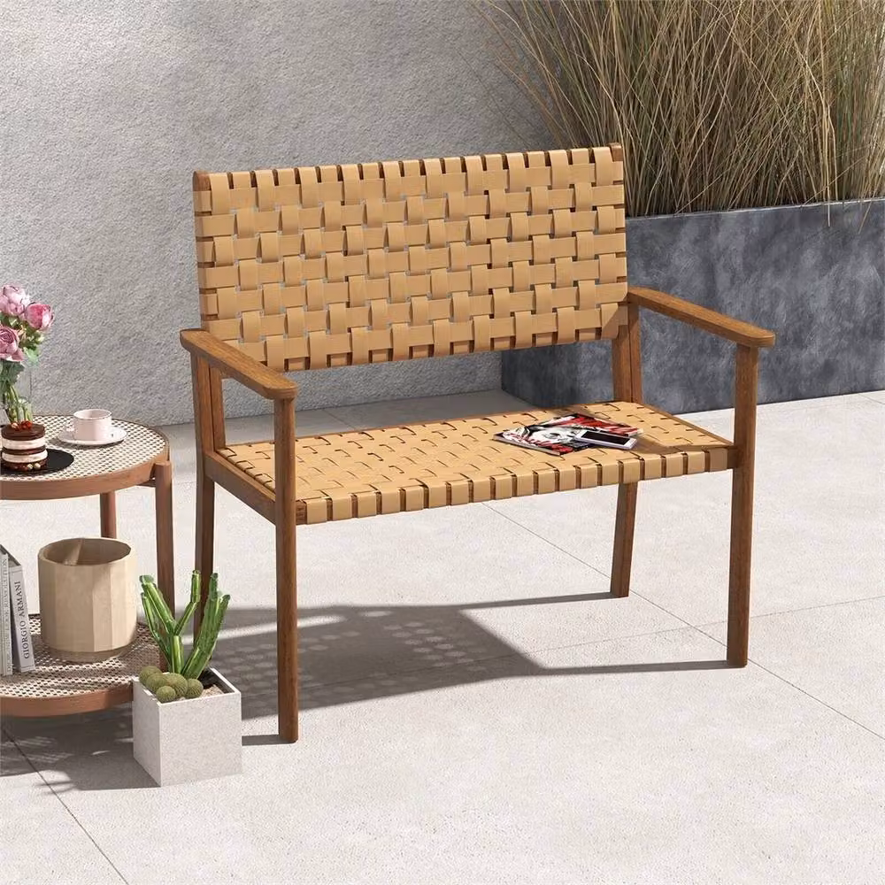 Nordara Elegant 2-Seater Garden Loveseat Bench with PU Seat in Natural and Brown – 3