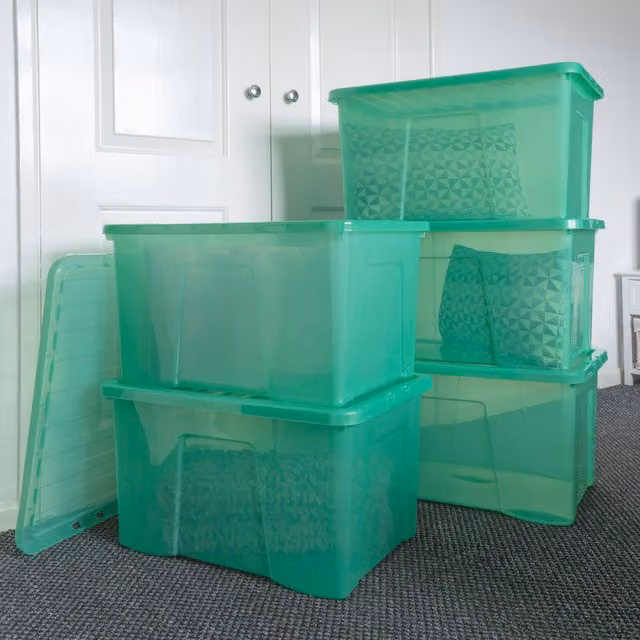 Wham Crystal 5 x 60 l Plastic Storage Boxes with Lids, Green and Transparent