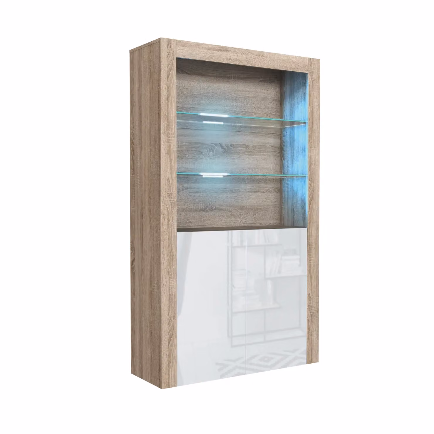 Mex Furniture LTD Modern Glossy Display Cabinet with LED Lighting and Glass Doors in Light Oak, Height: 170 cm – 2