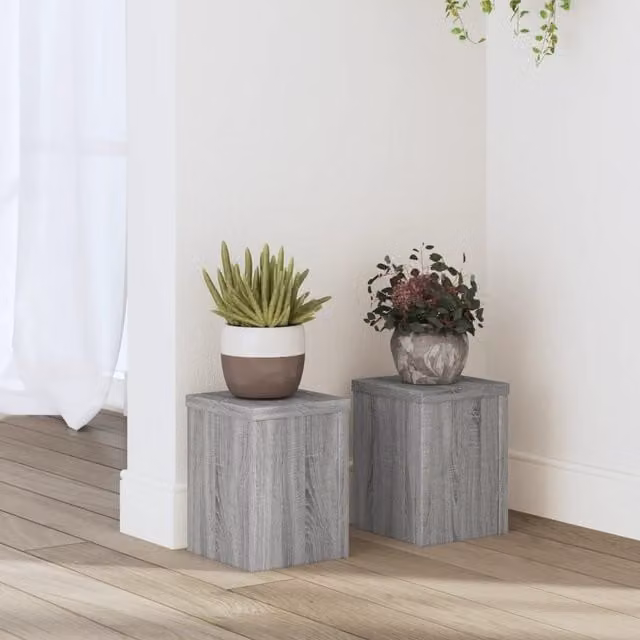 Berkfield Home Set of 2 Modern Square Plant Stands in Grey MDF, W/D/H: 15 x 15 x 20 cm