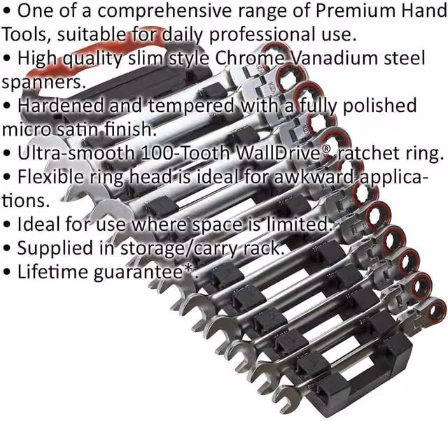 Loops 12-Piece Flexible Head Combination Ratchet Spanner Set, 12-Point Metric, Silver and Multicolour Chrome Vanadium Steel