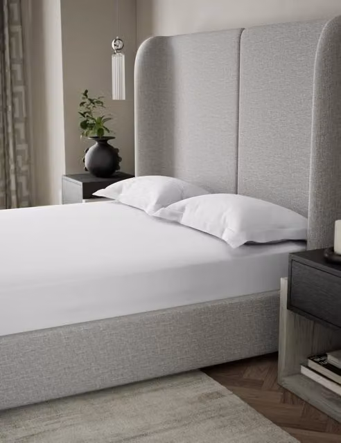 M&S x Kelly Hoppen 500 Thread Count Cotton Mako Satin Deep Fitted Sheet, White, W: 140 cm, L: 200 cm