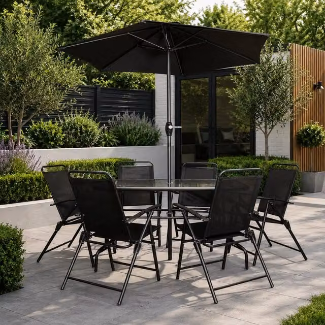 Samuel Alexander 6 Seater Black Glass Top Patio Set with Table and Chairs – 1