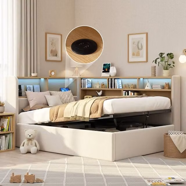 ModernLuxe Single L-shaped Ottoman Daybed with LED Storage Headboard and Asymmetric Chaise in Beige Velvet Fabric, W/D/H: 90 x 200 cm – 1
