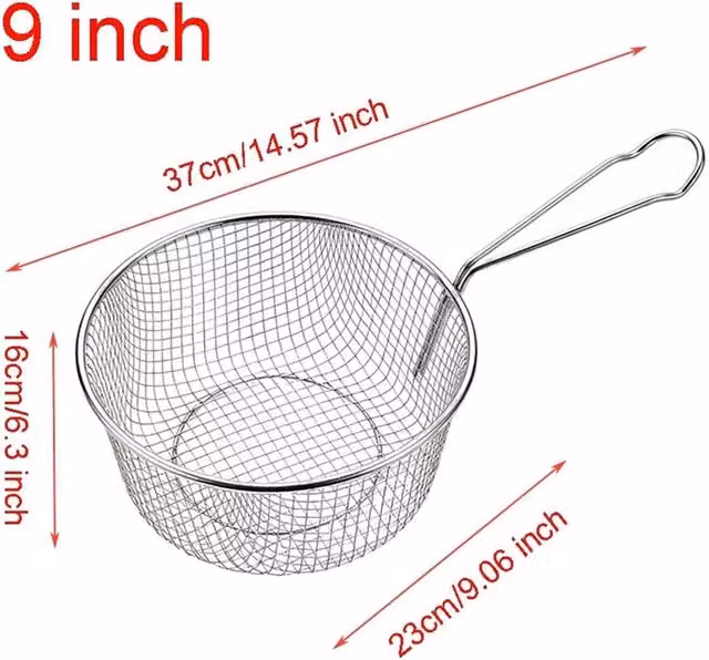 NESTLUNE Silver Round Mesh Wire Chip Pan Fryer Baskets with Handles, Diameter: 22.86 cm – 1