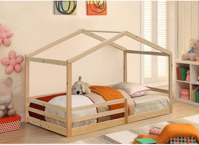 Comfy Living Single Wooden House Style Bed for Children, Natural, W: 90 cm, L: 190 cm