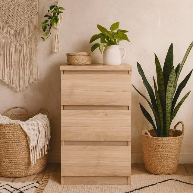Wyld Haus Budapest Natural Oak Effect Bedside Table with 3 Drawers in Brown