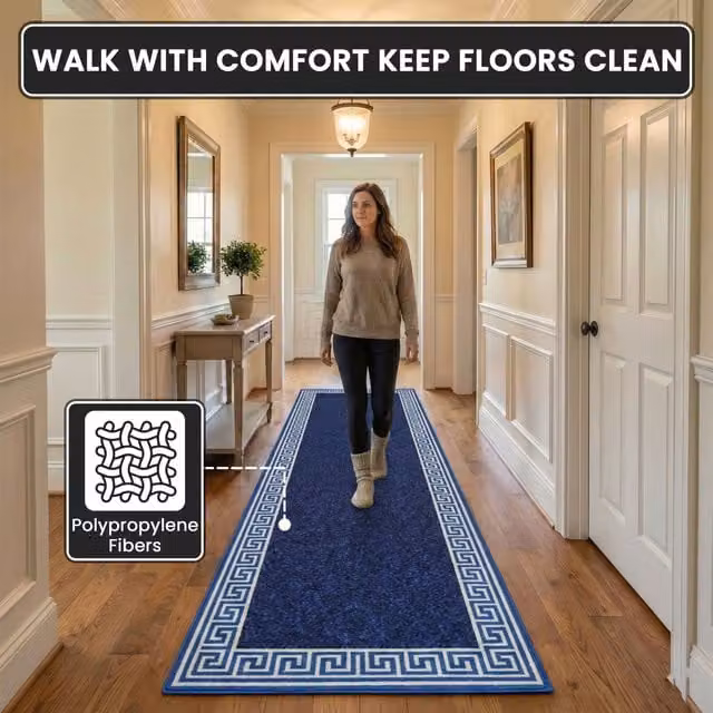 Smart Living Greekey Heavy Duty Non Slip Hallway and Kitchen Door Mat, Blue, W: 80 cm, D: 50 cm