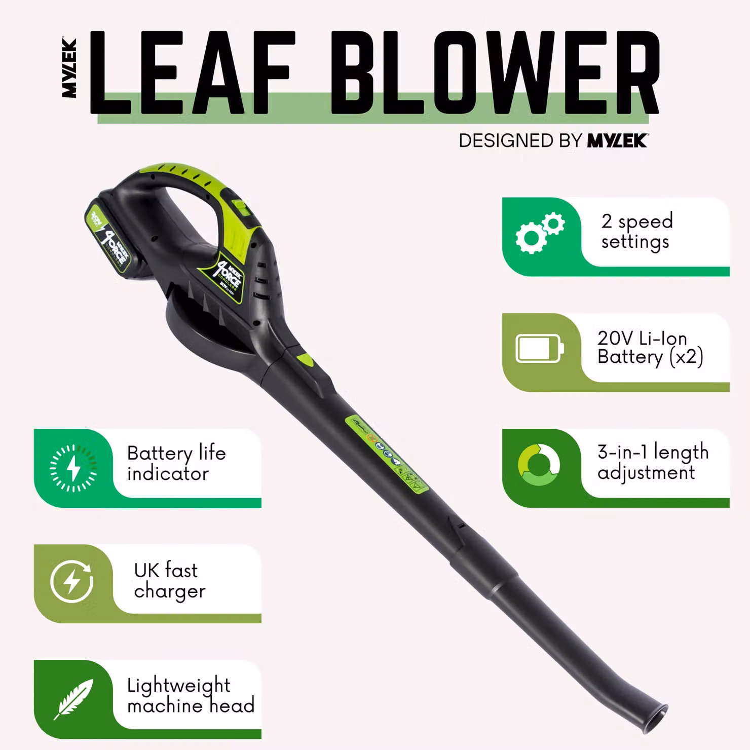 MYLEK Cordless Two-Speed Leaf Blower with 2 x 20V Li-ion Batteries and Fast Charger, Black – 2
