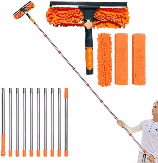 FLAVORA Telescopic Extendable Glass Cleaning Squeegee with Microfibre Refillable Head, Orange – 1