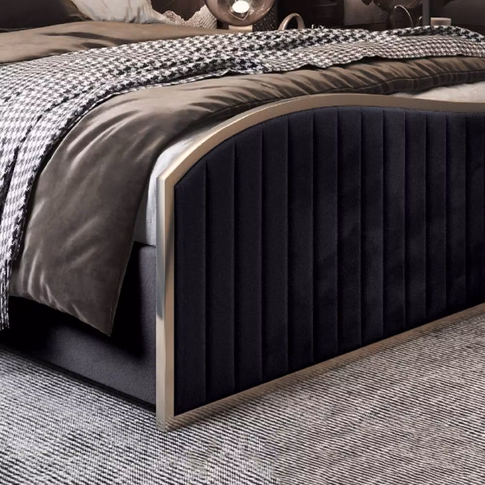 Casani Fulbeck Upholstered Velvet Bed Frame in Black with Metal Details, W/D/H: 180 x 137 x 189 cm – 5