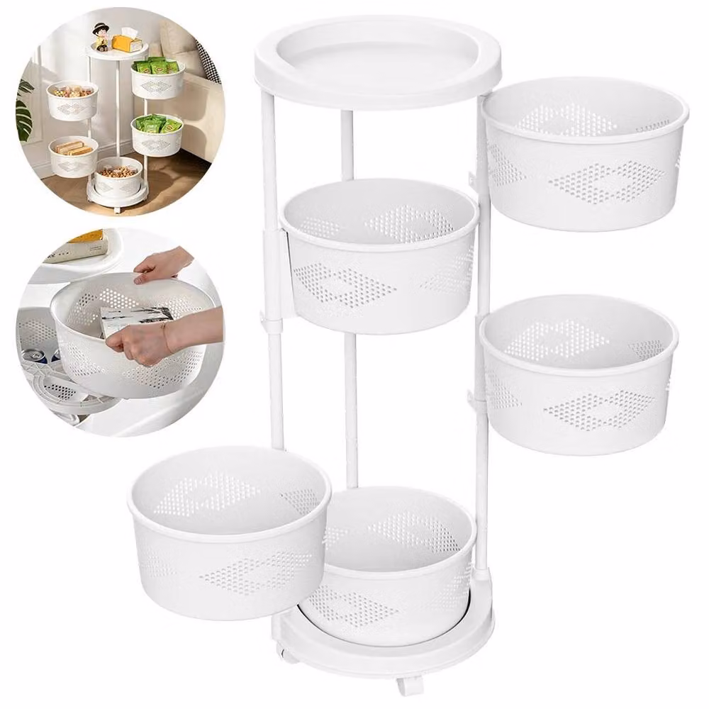 KORVIXA 6-Tier Rotating Kitchen Storage Trolley Cart in White with Adjustable Shelves, W/D/H: 100 x 100 x 100 cm – 2