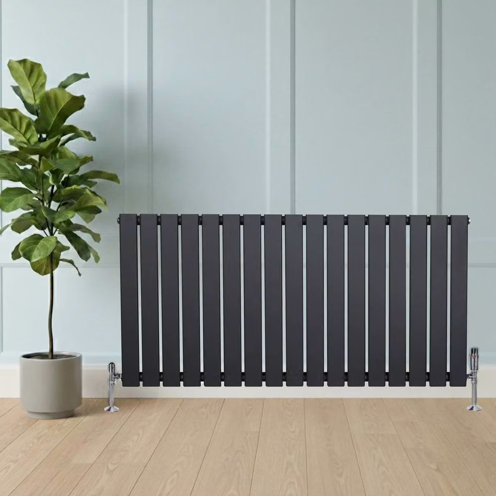 Monstershop Flat Single Column Steel Radiator and Thermostat Valves, Anthracite Grey, H: 119 cm, W: 60 cm, D: 11.9 cm – 4