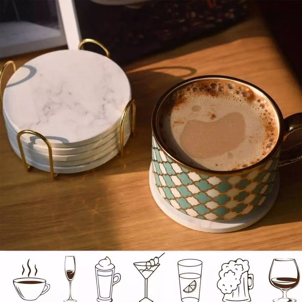 SPETLEK 6-Piece White Marble Pattern Ceramic and Cork Round Drink Coasters with Holder – 2