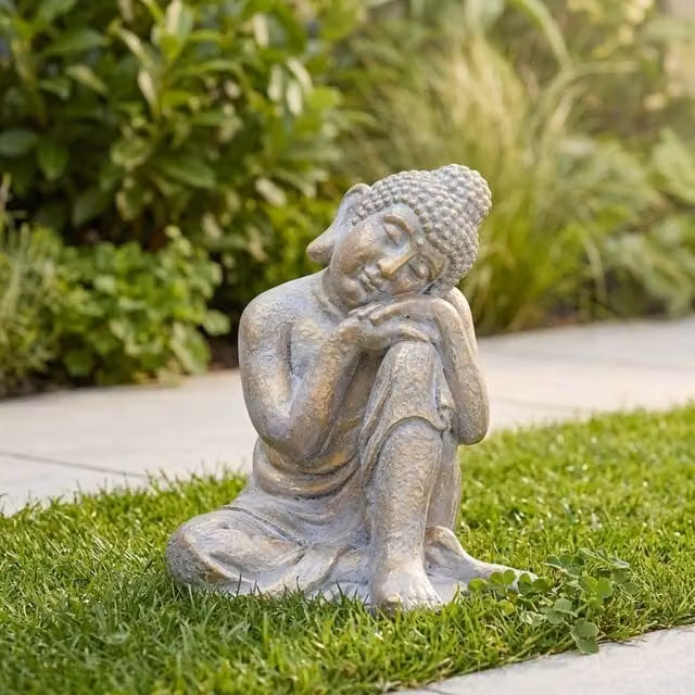 Garden Greatness Dreaming Brushed Buddha Ornament in Gold, Grey and Multicolour Stone