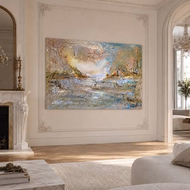 Mafett Abstract Landscape Canvas Wall Art in Blue, Gold and Beige, W: 200 cm, H: 100 cm