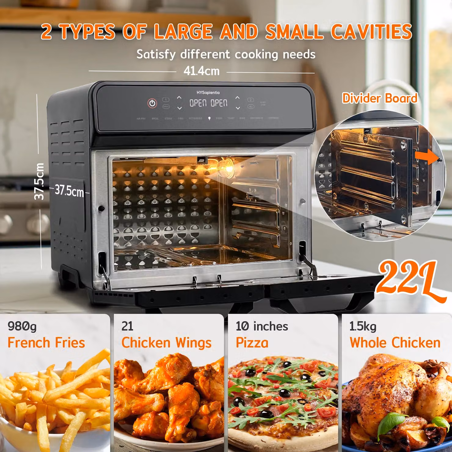 HYSapientia 22L Dual Zone Air Fryer Oven with Rotisserie, 2400W 10-in-1, Black – 4