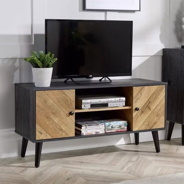 Home Source Dallas Herringbone 2 Door TV Stand Storage Unit in Black