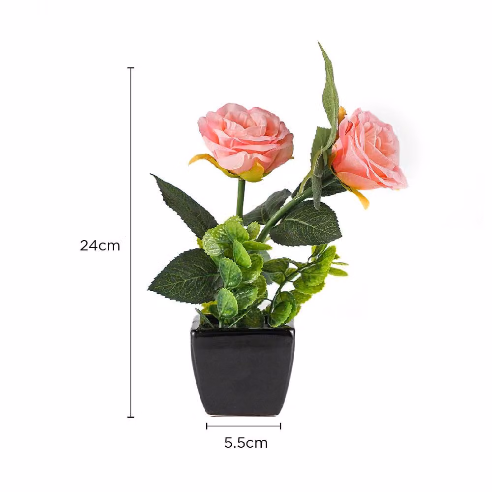 Voltico Pink and White Artificial Rose in a Square Ceramic Pot – 3