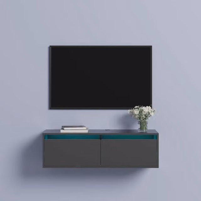 KEEPREAPER Floating TV Stand for 32-50 inch TVs with 2 Flip-Down Doors and LED Lighting in Black – 1