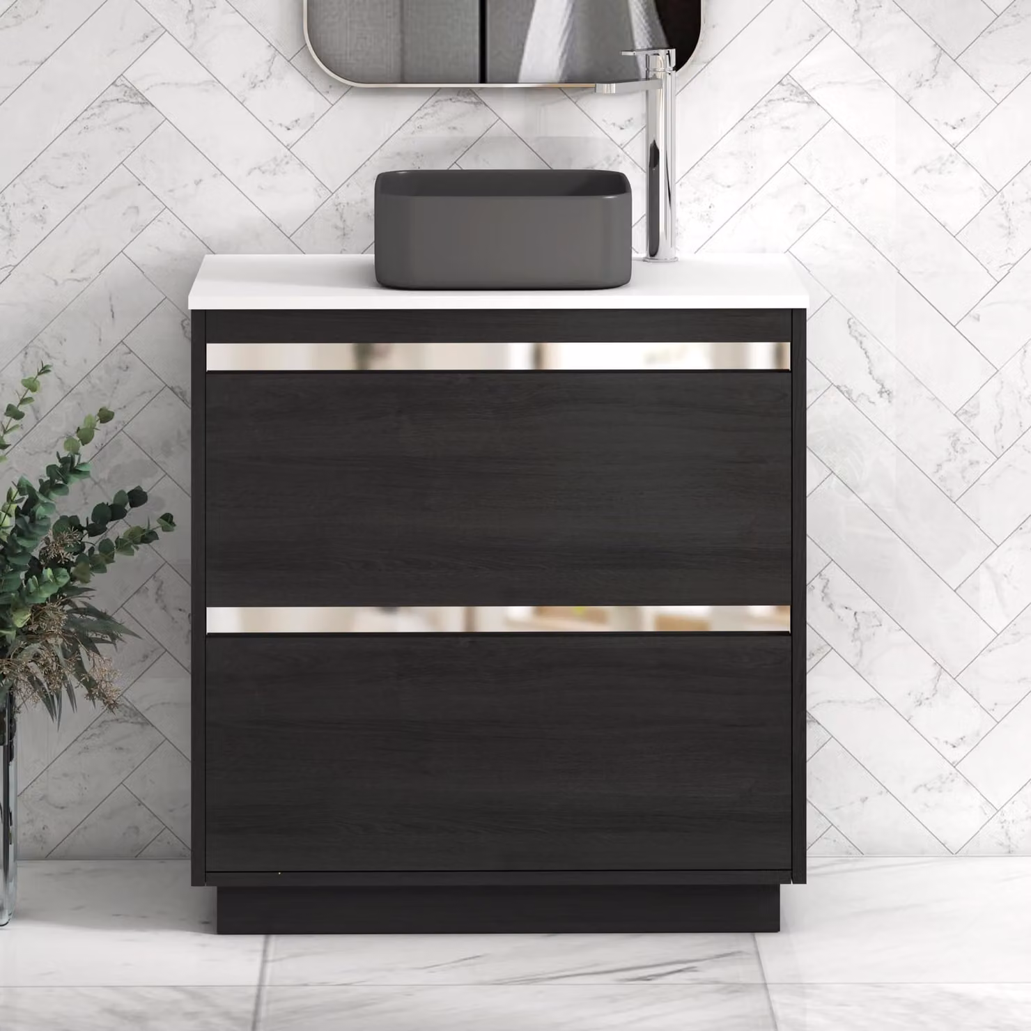 Royal Bathrooms Orion 800mm Hale Black Floor Standing Vanity Unit with 2 Drawers, Plain White Countertop and Art Square Basin with Chrome Accent Trim