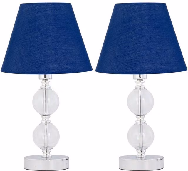 First Choice Lighting Set of 2 Chrome Two Ball Table Lamps with Navy Blue Fabric Shades