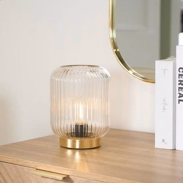 OHS Cordless LED Glass Table Lamp with Gold/Brass Finish and Warm White Light, Battery Operated Touch Control Night Light – 1