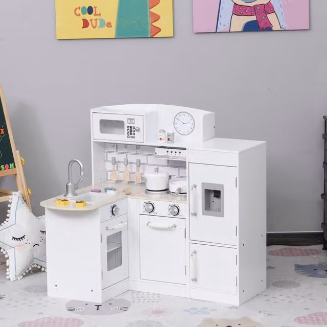HOMCOM White Kids Kitchen Play Cooking Toy Set