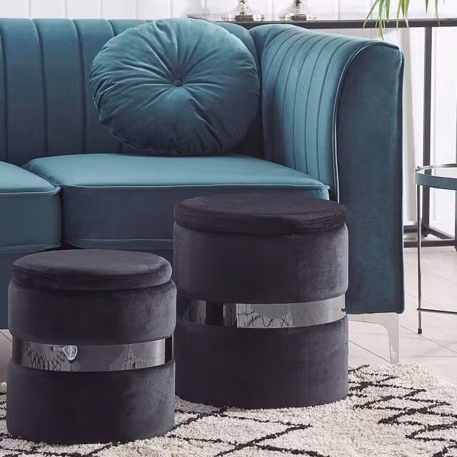 Wyld and Coco Set of 2 Black Velvet Cylindrical Pouffes with Metallic Band