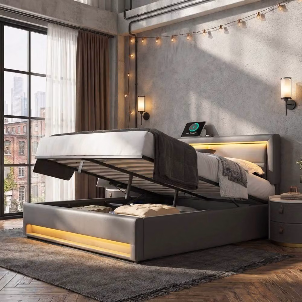 Merax Super King LED Storage Bed in Grey with USB Charging and Under-Bed Lighting, W/D/H: 180 x 200 cm – 1