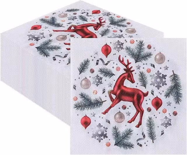 Neel Blue Red Reindeer and Pine Leaves White Paper Napkins, 20 Pieces, 33 cm – 1