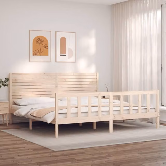 Berkfield Home Super King Size Solid Pine Wood Bed Frame with Headboard in Brown – 1